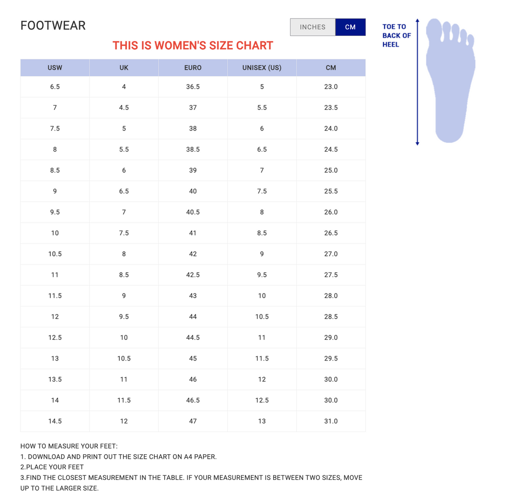 Women's shoe size chart with measurements in USW, UK, EU, UNISEX, and CM.